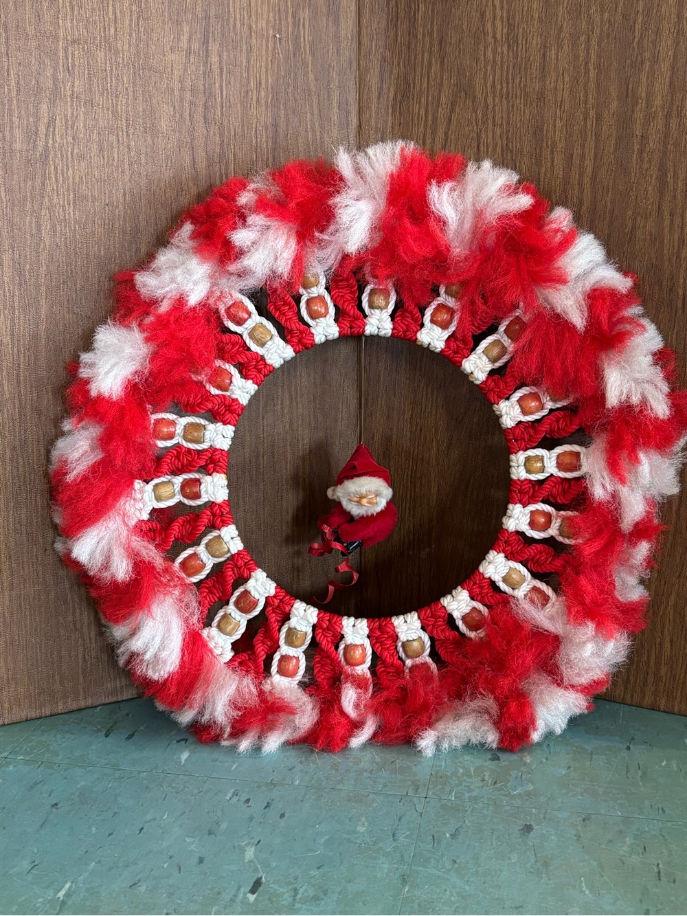 Vintage macrame Christmas wreath red white kitschy Santa 1960’s